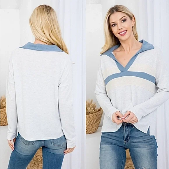 🌸NWT Women’s Waffle V-Neck Collared Top. Blue/Grey/Cream. Size: Large - Picture 1 of 10